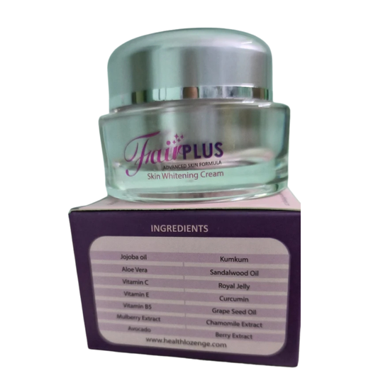 Jar of 'HairPlus' skin whitening cream with a list of ingredients on a white background