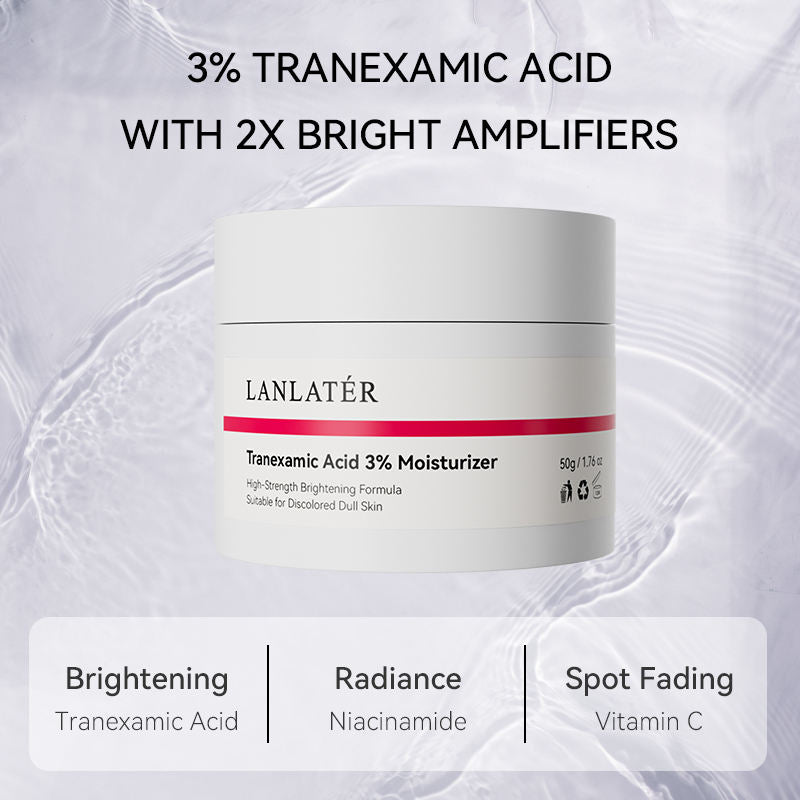 LANLATéR Tranexamic Acid 3% Moisturizer jar with product details on a textured white background