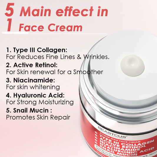 Face cream jar with list of main effects on a pink background
