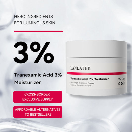 LANLATÓR moisturizer jar with text about tranexamic acid on a white background