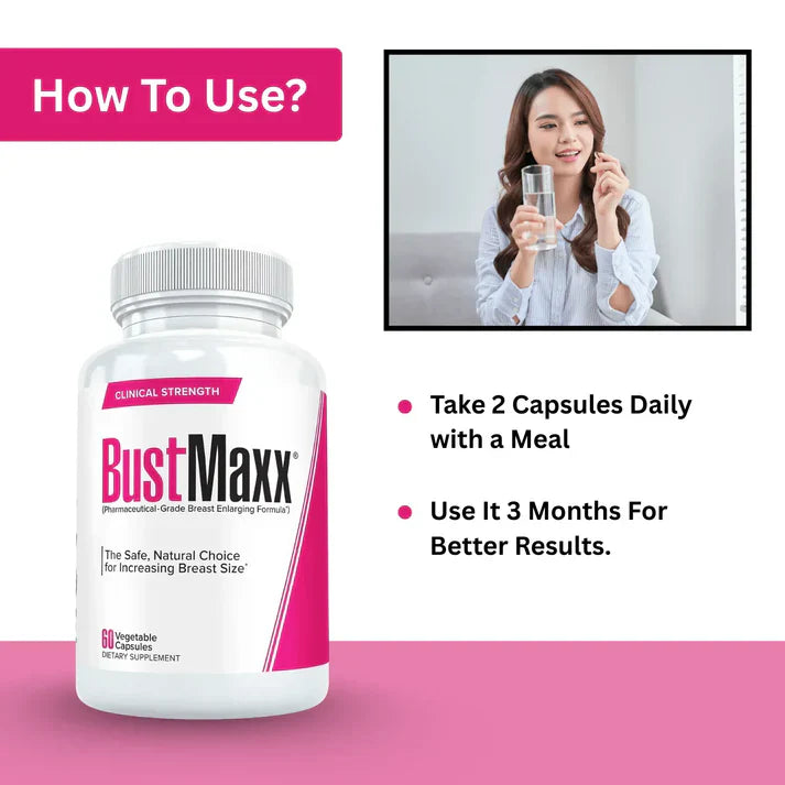 Bust Maxx supplement bottle with usage instructions on a pink background