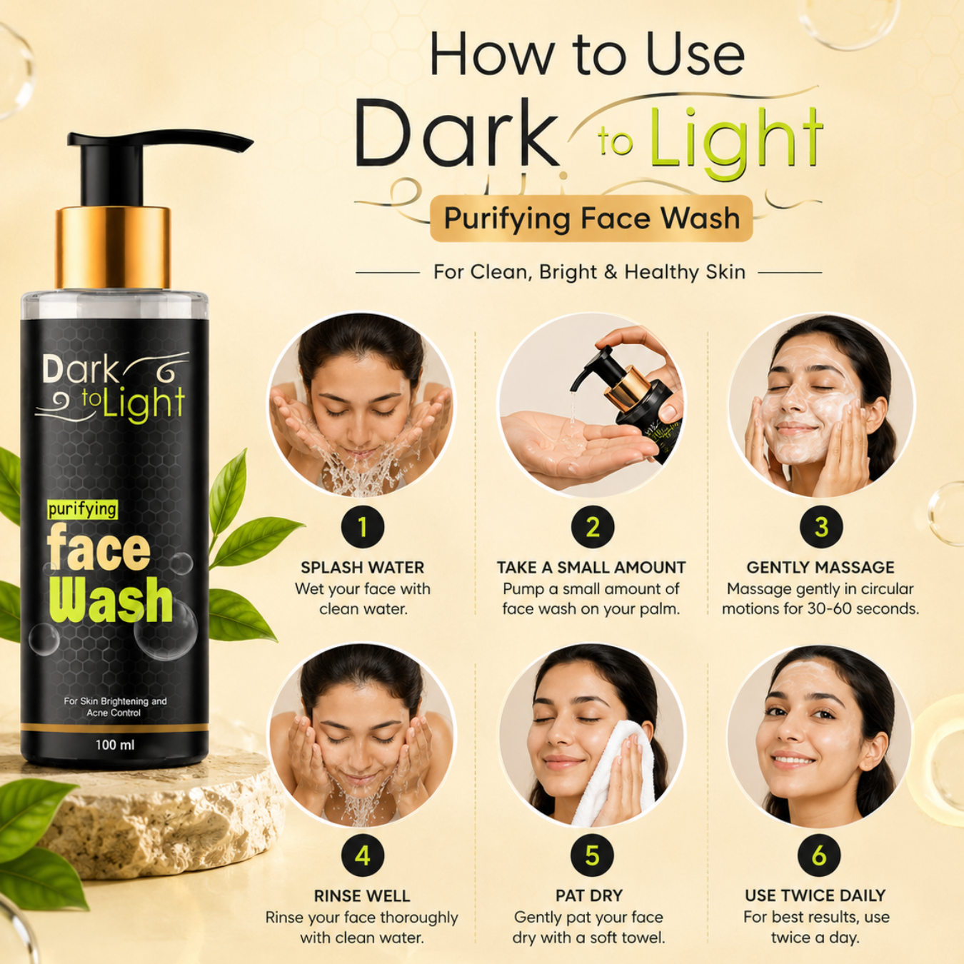 An infographic showing how to use Dark to Light Purifying Face Wash, featuring a bottle of the black and gold face wash on the left and five numbered steps with photos of a woman washing her face on the right.