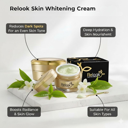 Relook Skin Whitening Cream with packaging and decorative elements on a white background
