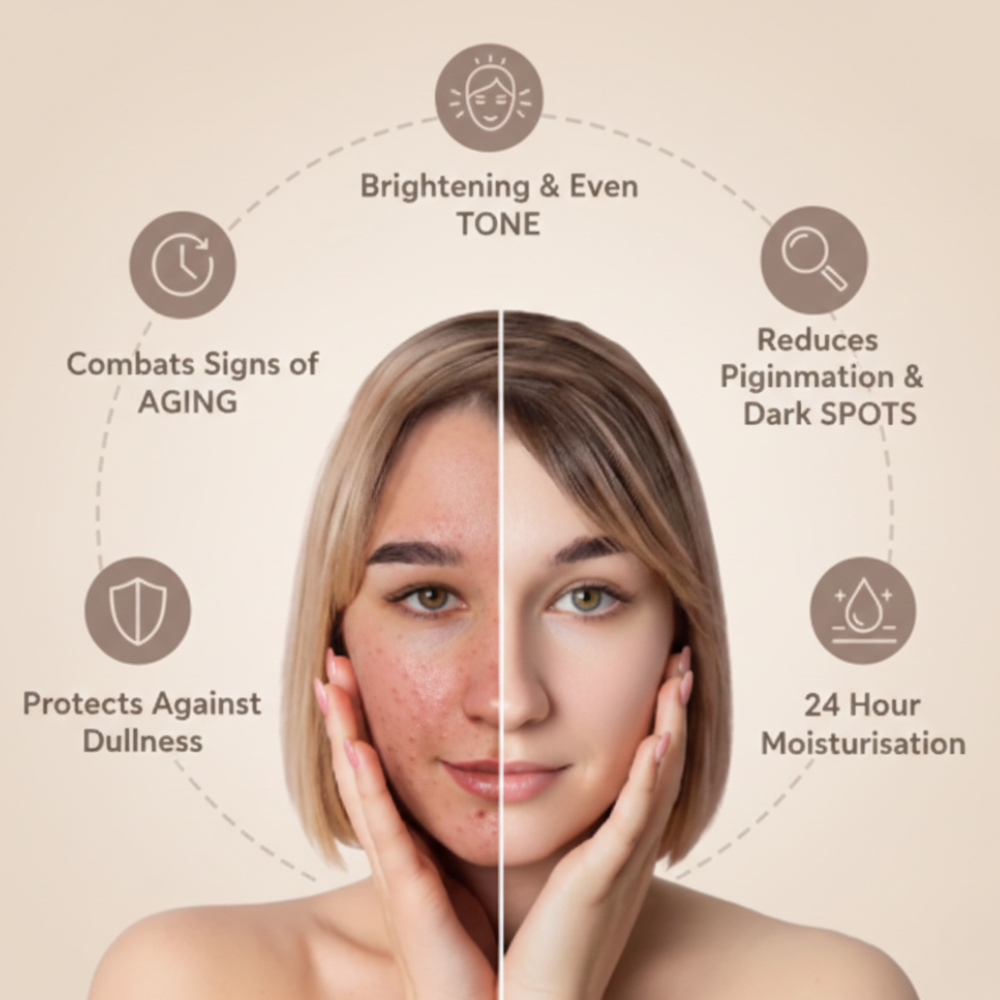 Woman's face split into two halves with skin care benefits listed on a beige background
