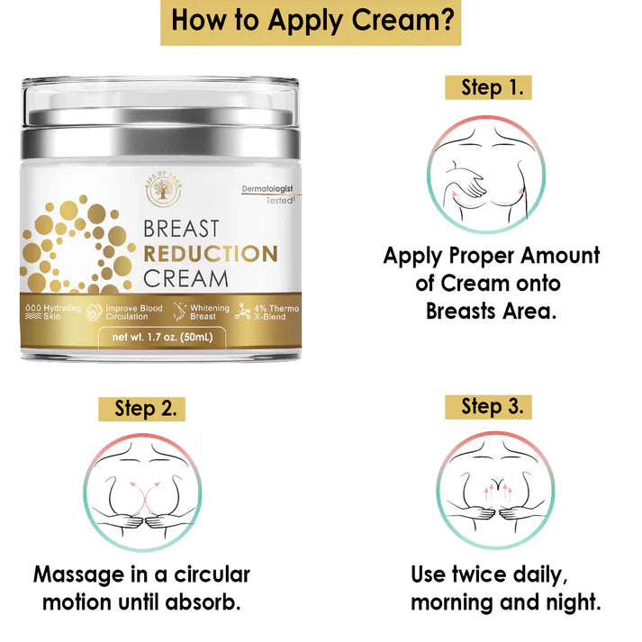Breast reduction cream jar with application instructions on a white background