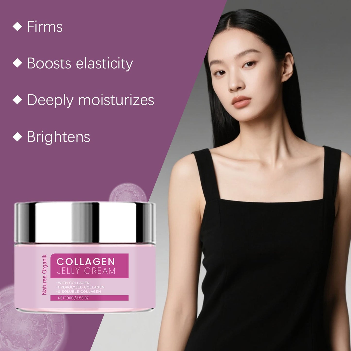 Collagen jelly cream with a model on a gray background