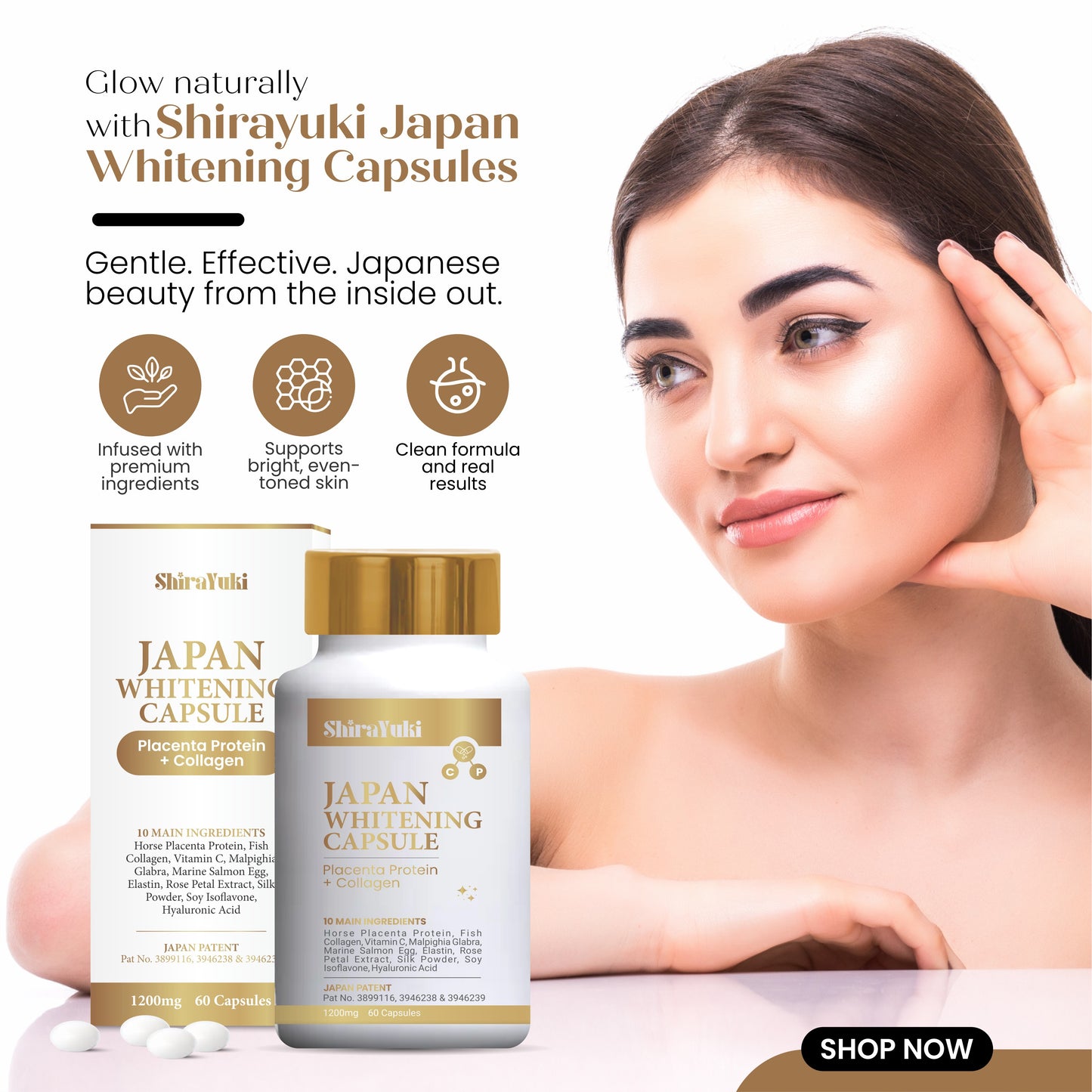 Shirayuki Japan Whitening Capsules with a woman showing glowing skin