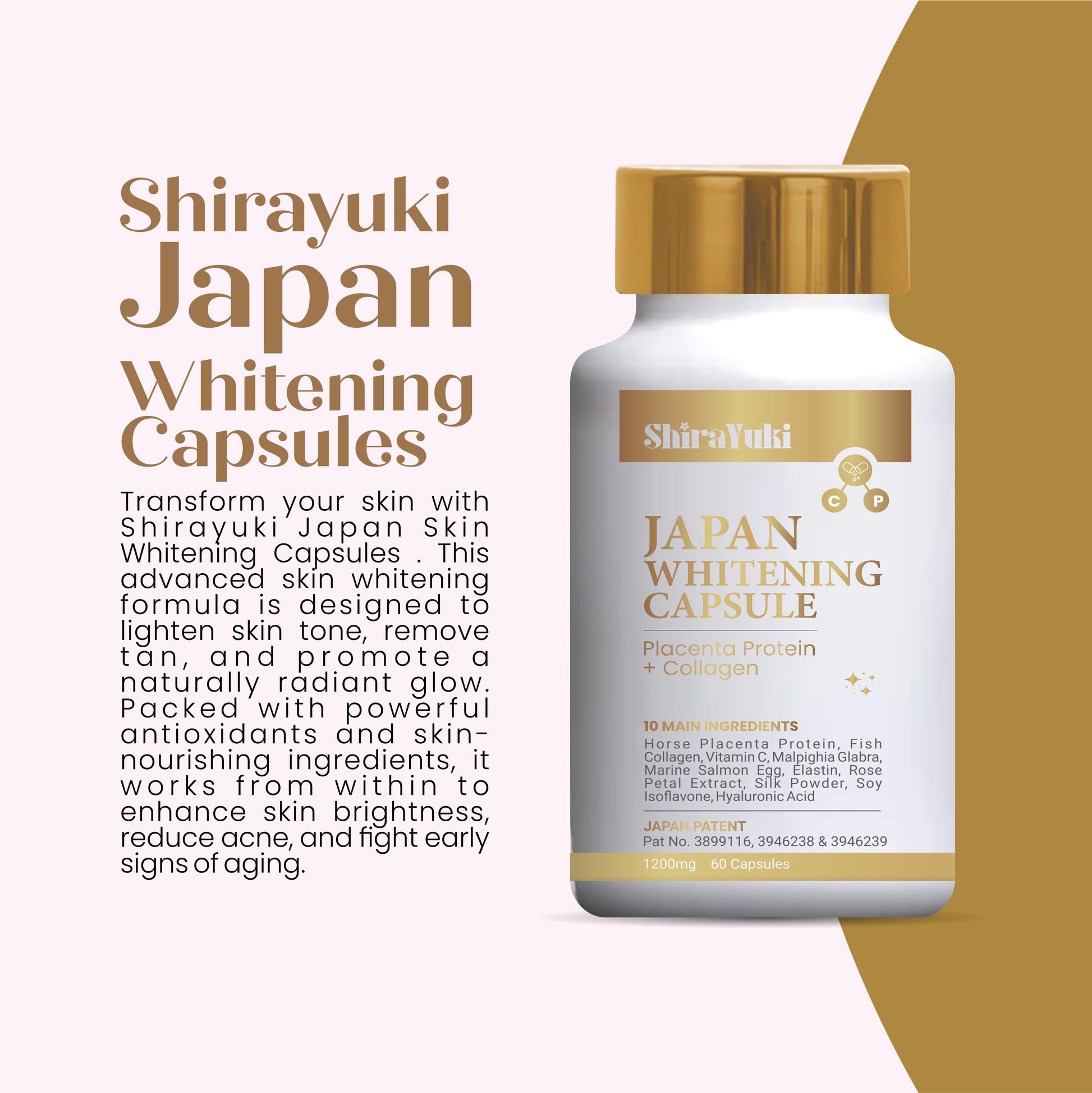 Shirayuki Japan Whitening Capsules bottle with text on a white and gold background