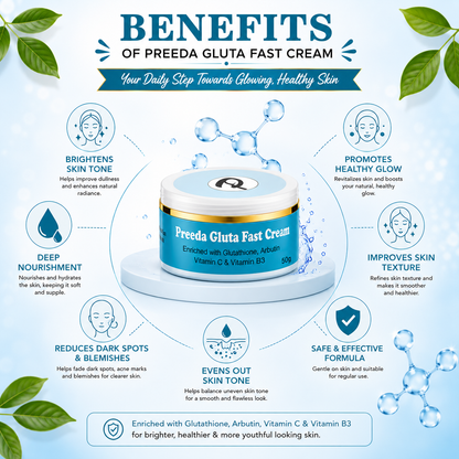 Preeda Gluta Fast Cream packaging with benefits listed on a light blue background