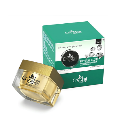 Gold cream jar and green box with 'Crystal Glow' branding on a white background