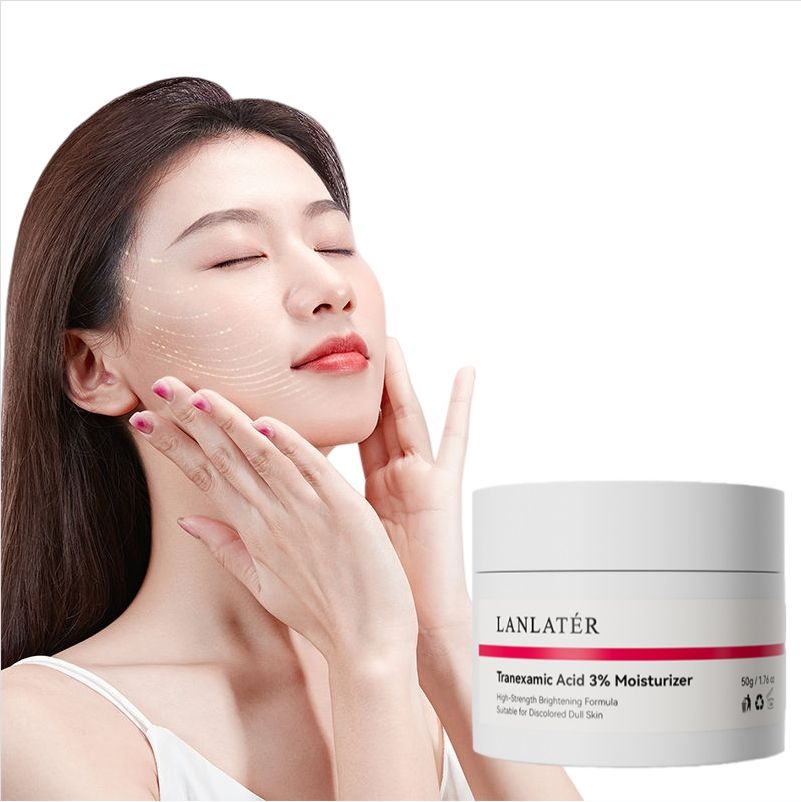 Woman touching her face with a LANLATER moisturizer jar on a white background