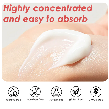 Skincare cream applied to skin with text 'Highly concentrated and easy to absorb' and free-from icons.