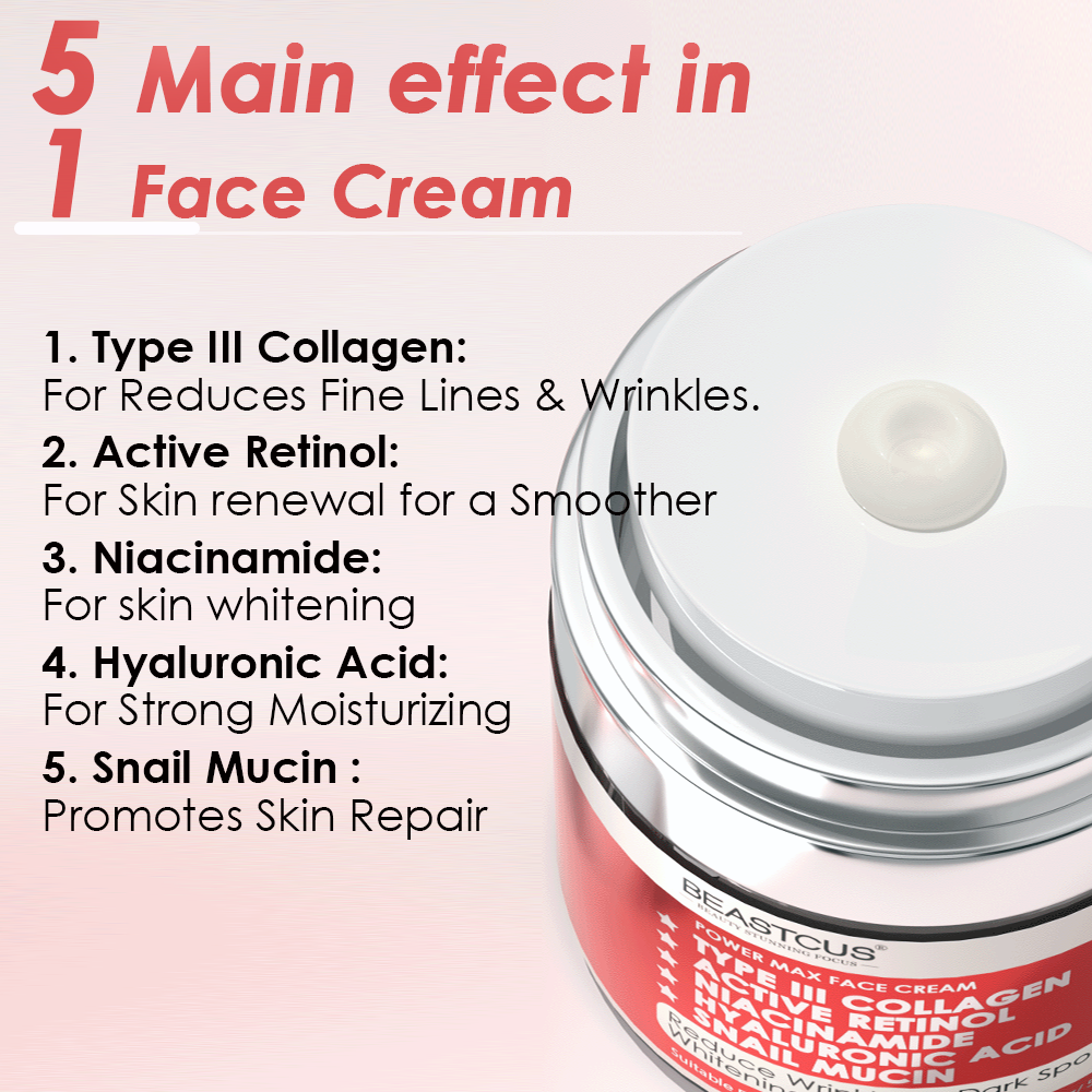 Face cream jar with list of main effects on a pink background