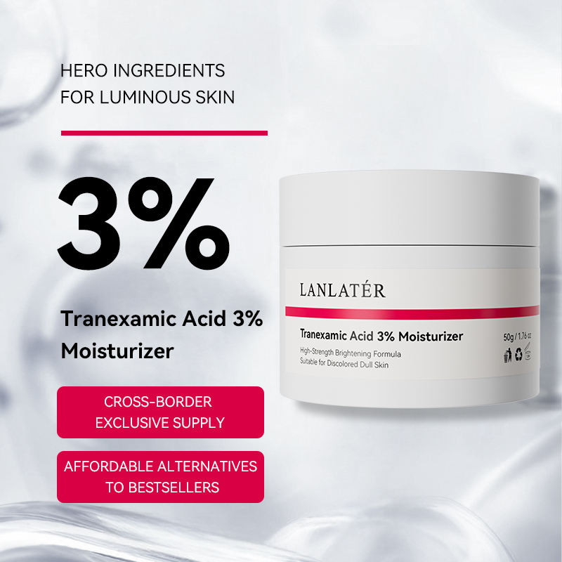 LANLATÓR moisturizer jar with text about tranexamic acid on a white background