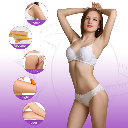 Woman wearing a white bra and panties set with inset images of body parts on a purple background.