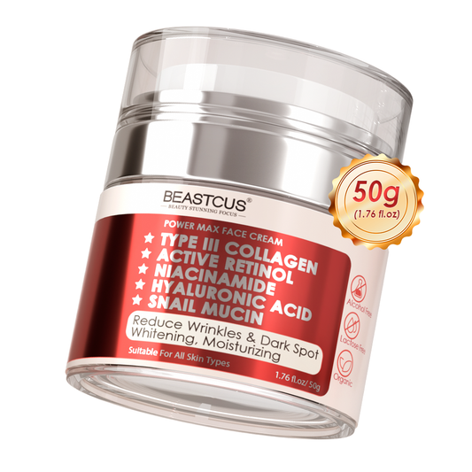 Beastcus power max face cream jar with red label on a white background