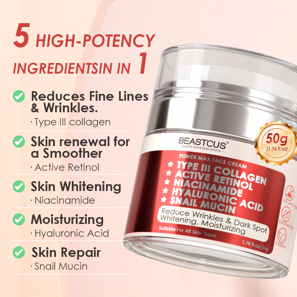 Skincare cream jar with ingredients listed on a beige background