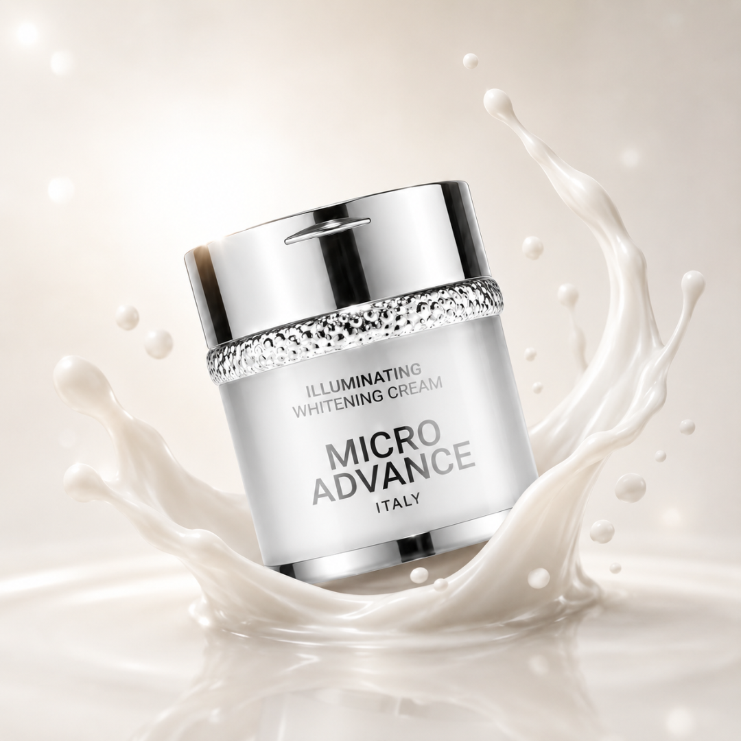 Micro Advance cream jar with cream splashes on a beige background