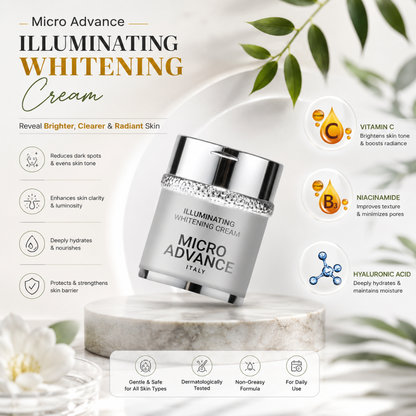 Micro Advance Illuminating Whitening Cream with product details and benefits on a white background