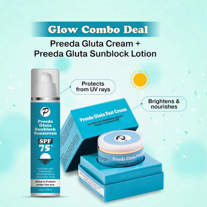 Promotional graphic for a skincare combo deal featuring Preeda Gluta Sunblock SPF 75 and Preeda Gluta Fast Cream. The image shows a tall blue sunscreen bottle, a blue box, and a blue cream jar with text callouts about UV protection and brightening, on a light aqua background.
