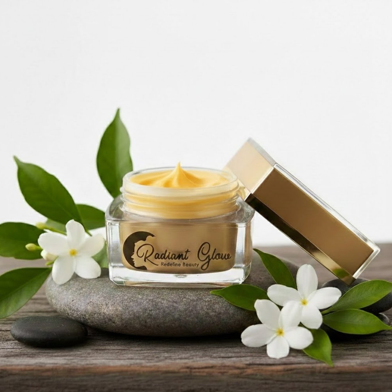 Jar of cream with a applicator on a stone surface with flowers and leaves