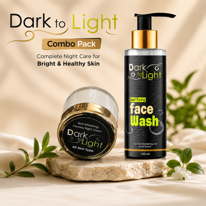 Dark to Light Combo Pack skincare set featuring a black face wash bottle with a gold pump and a clear cream cream jar with a gold lid, displayed on a stone slab with decorative leaves and cream fabric background.