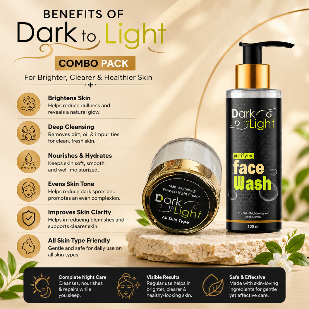 Dark to Light Combo Pack skincare set featuring a black pump face wash bottle with gold accents and a matching round jar, displayed on a stone slab with promotional text and icons on a beige background.