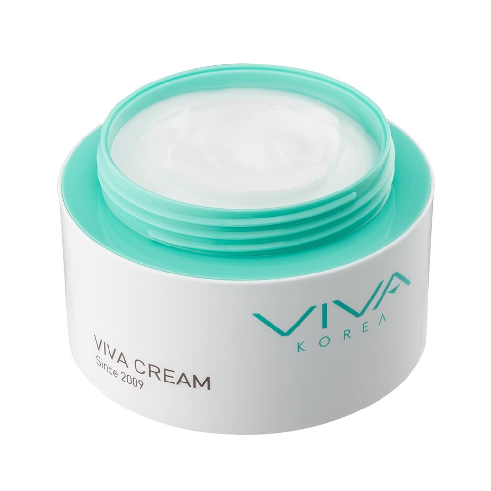 A white cosmetic jar of VIVA CREAM by VIVA KOREA with a mint green lid and white cream visible inside, on a white background.