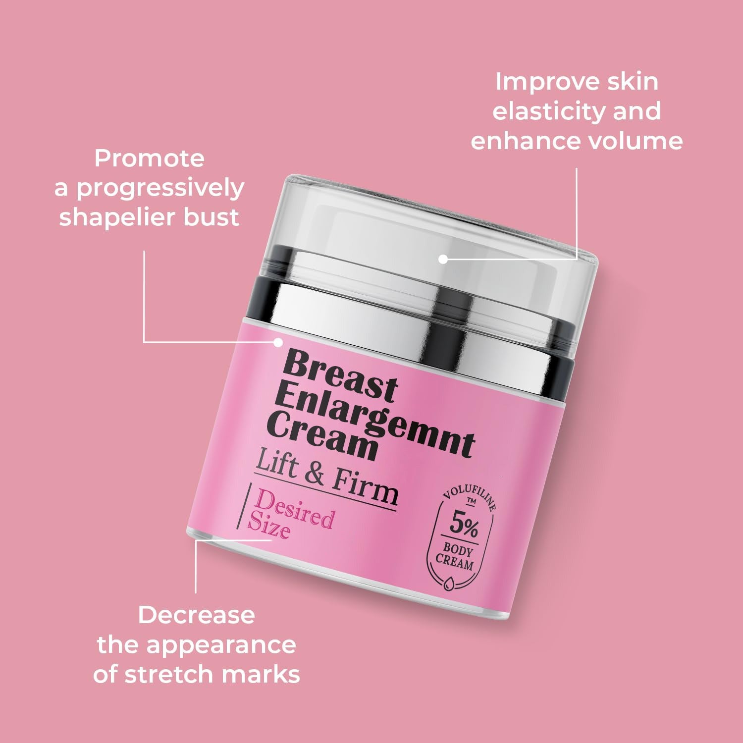 Pink container of Breast Enlargement Cream with text on a pink background