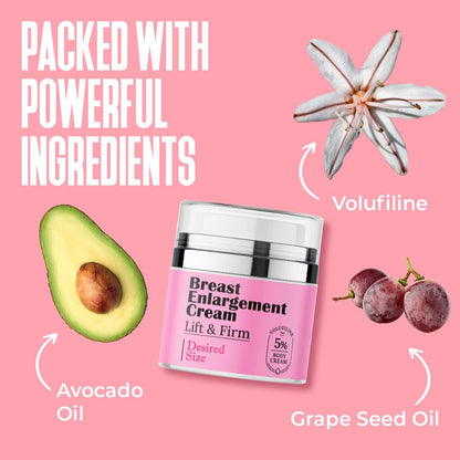 Breast enlargement cream with ingredients like avocado, grape seed oil, and volufiline on a pink background