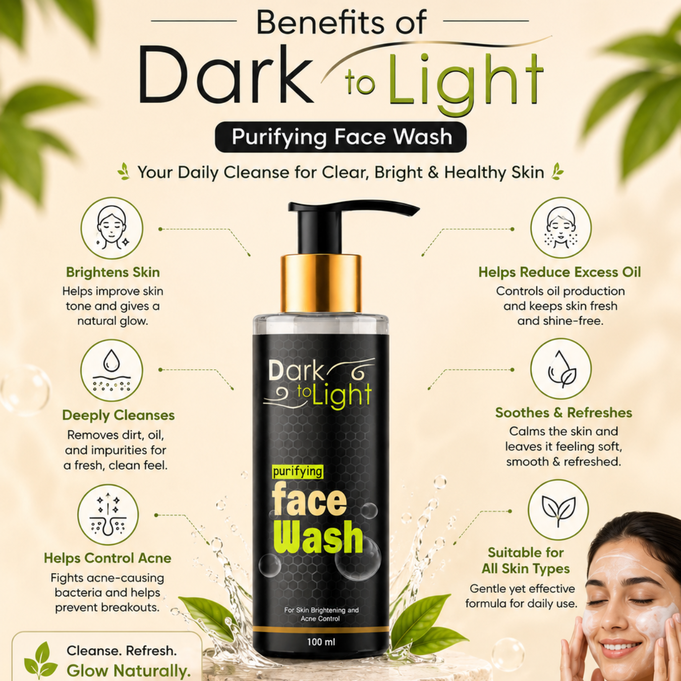 A promotional infographic for Dark to Light Purifying Face Wash. The central subject is a black pump bottle with a gold collar and black cap.