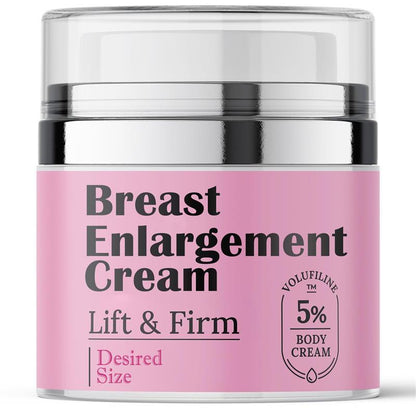 Jar of breast enlargement cream with pink label and silver lid on a white background