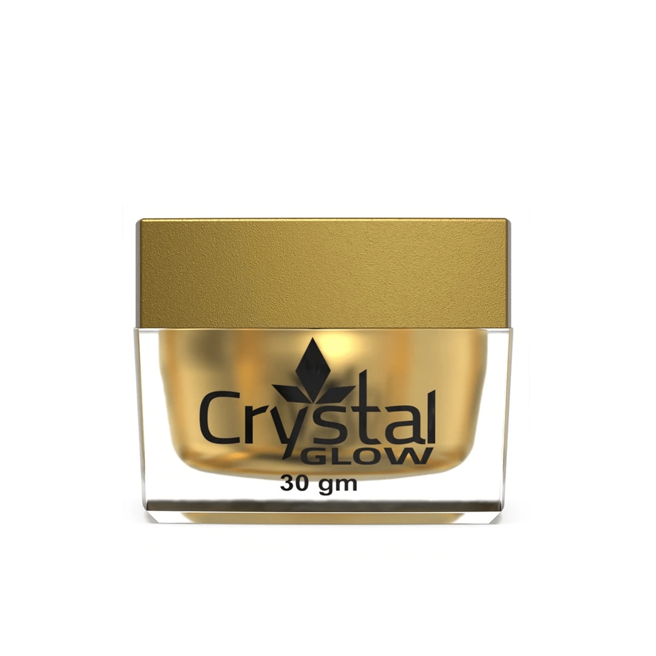 Gold jar of Crystal Glow cream on a white background