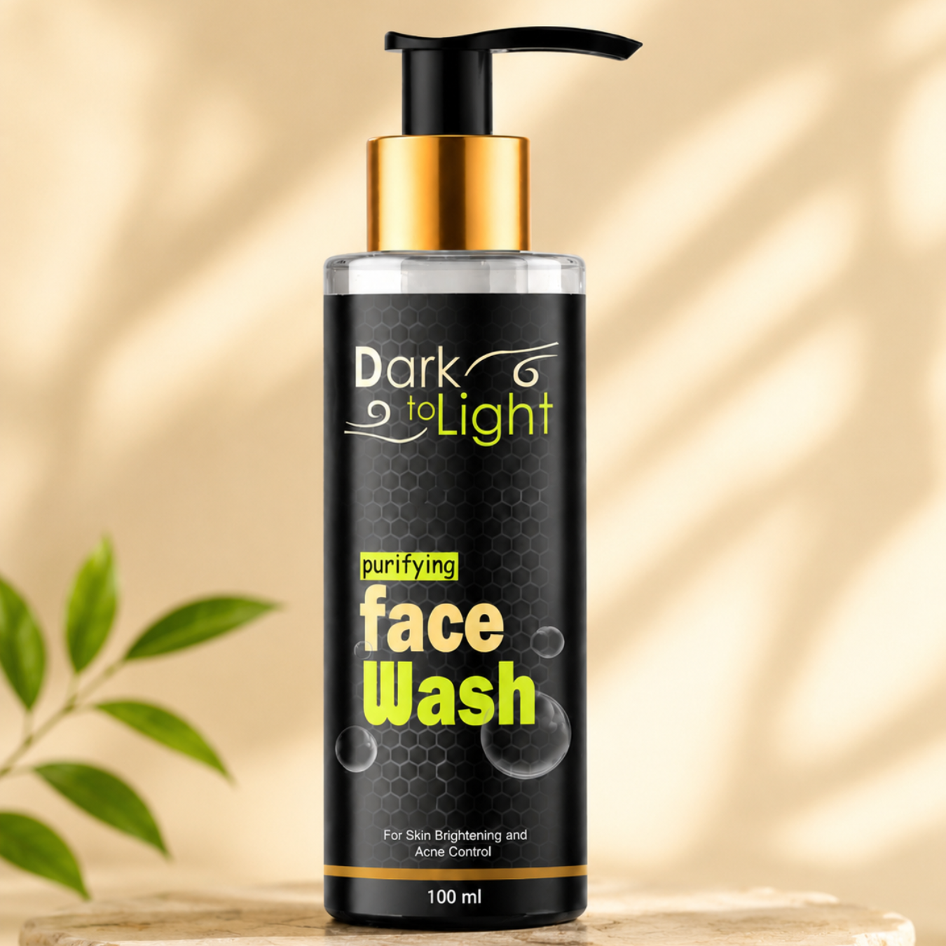 A bottle of Dark to Light Purifying Face Wash with a black and gold pump dispenser, set on a wooden surface with soft leaf shadows and a green leaf branch in the background.