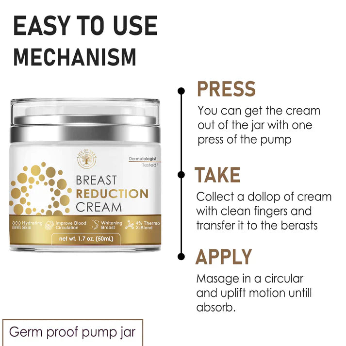 Breast reduction cream jar with pump mechanism and usage instructions on a white background