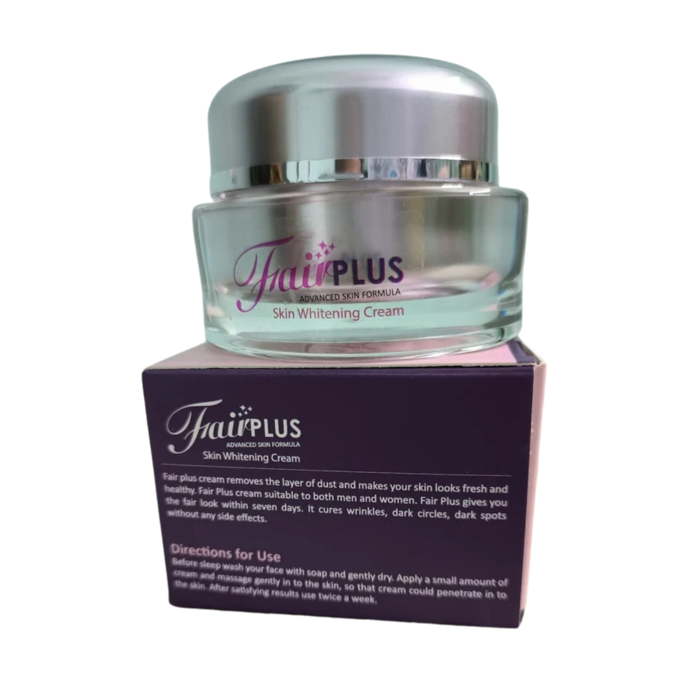 Jar of FaiirPlus skin whitening cream with its packaging on a white background