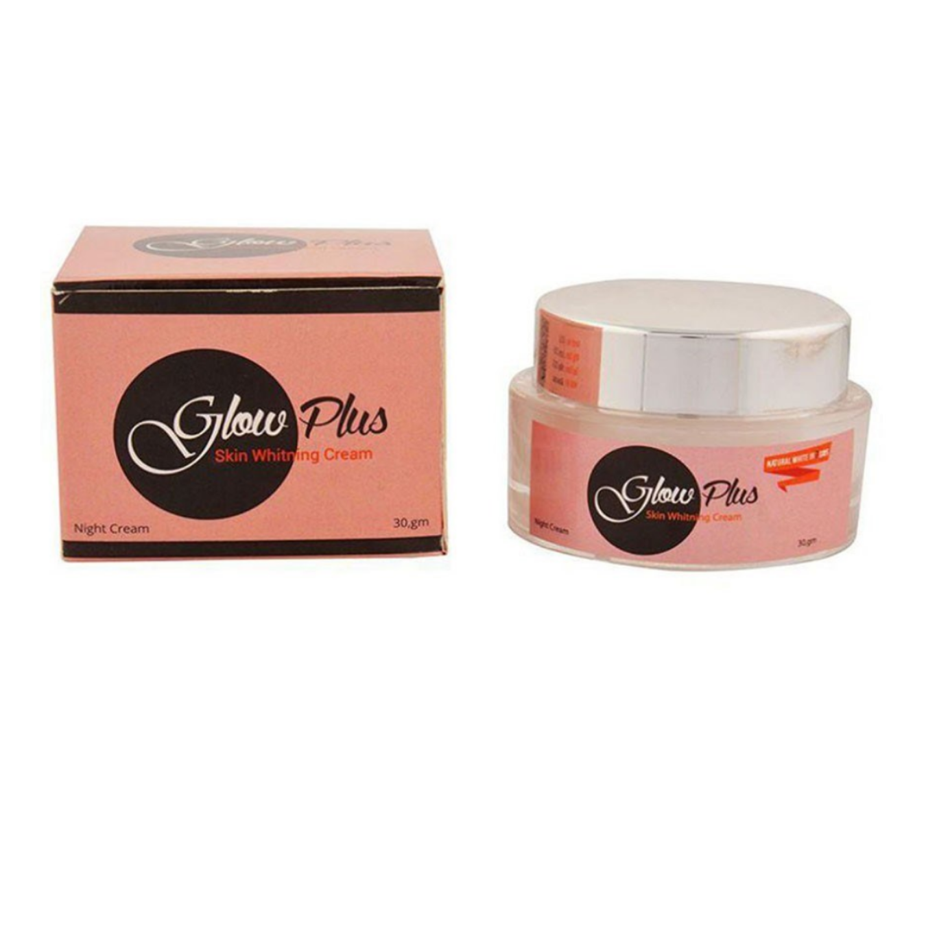 Glow Plus skin whitening cream jar and packaging on a white background