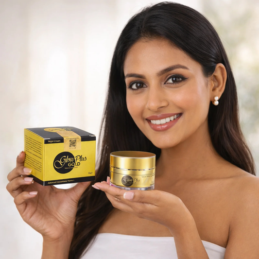 Woman holding a Gold Plus Gold skincare product