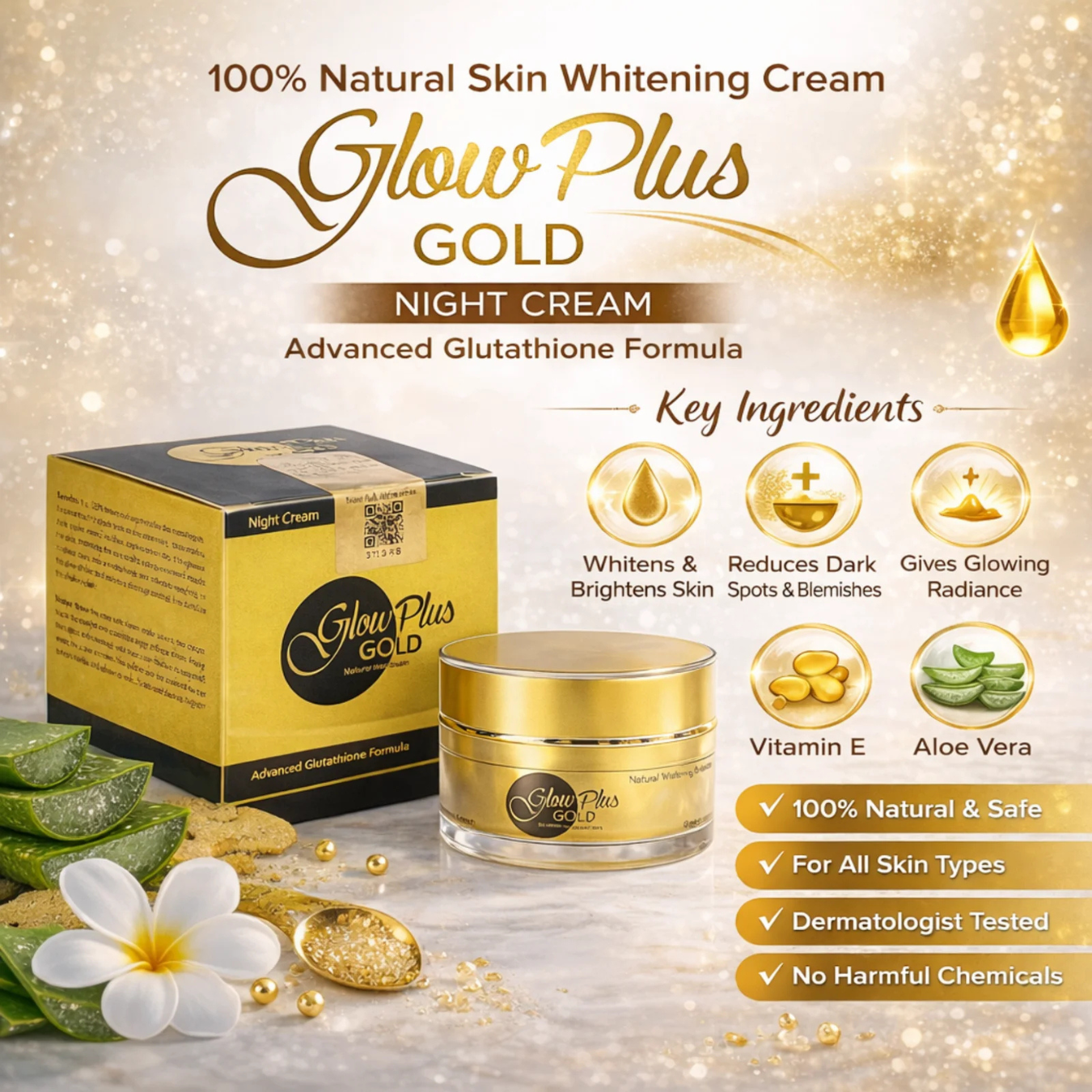 Glow Plus Gold night cream with packaging and key ingredients on a decorative background