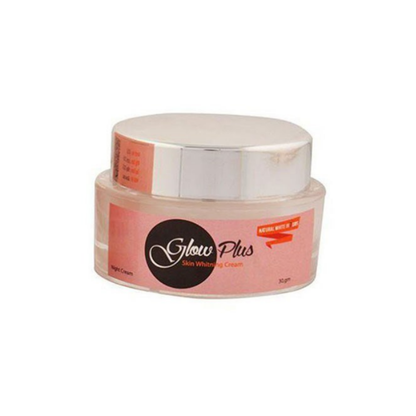 Jar of Glow Plus skin whitening cream on a white background