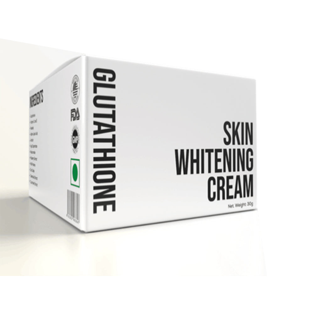 Box of glutathione skin whitening cream on a white background