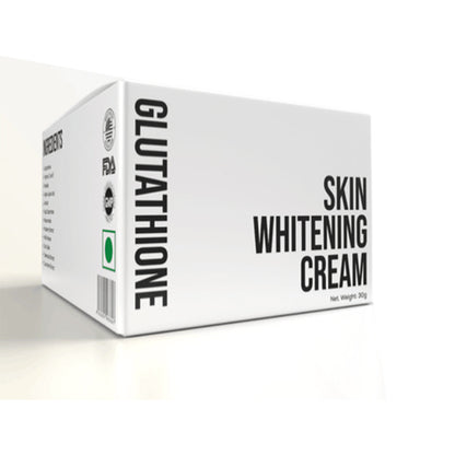 Box of glutathione skin whitening cream on a white background