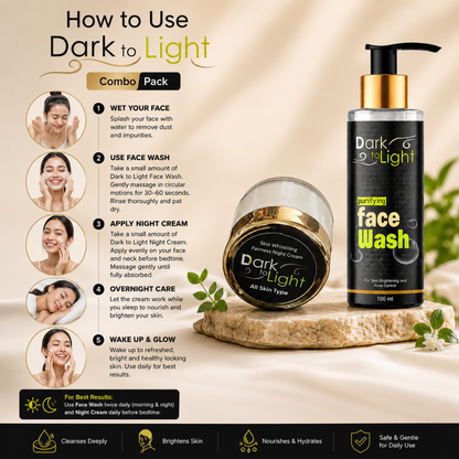 Dark to Light Combo Pack face wash set featuring a pump bottle, a jar, and an instruction graphic on a beige background.