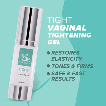 Sensuals Tight vaginal tightening gel bottle on a teal background with product benefits text.