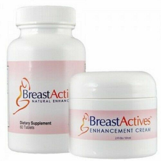 Bottle and jar of BreastActives dietary supplement and cream on a white background