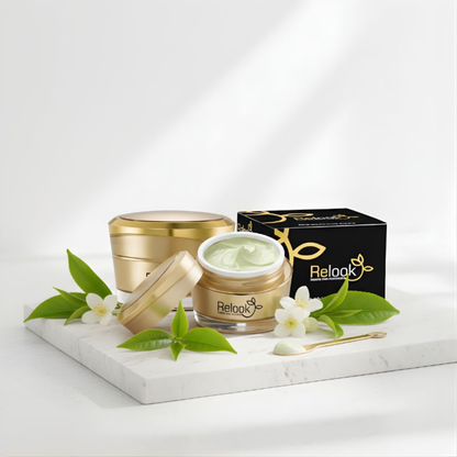 Cosmetic jars with green cream, surrounded by leaves and flowers on a white marble surface.
