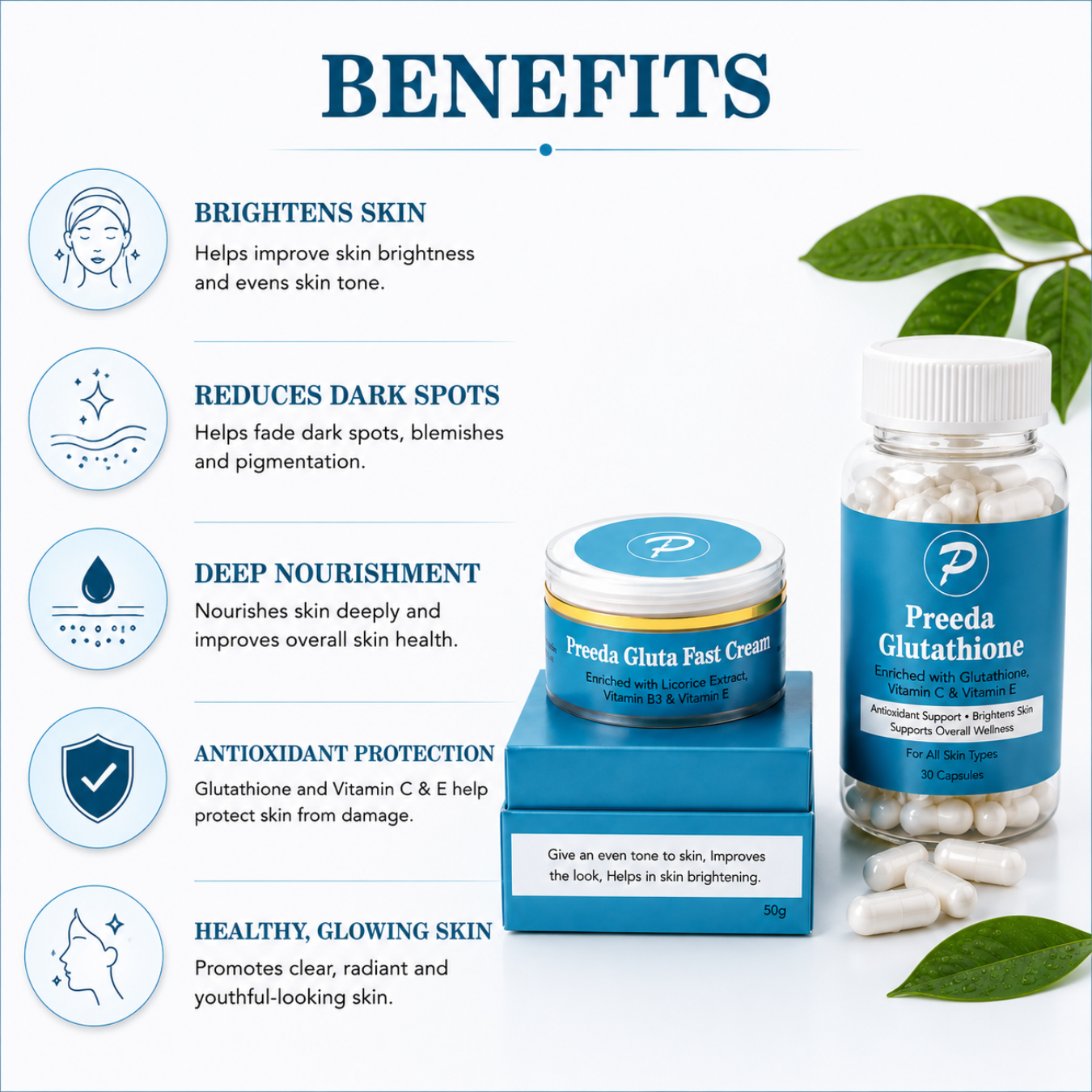 Preeda Gluta Fast Cream & Preeda Glutathione Capsules Combo