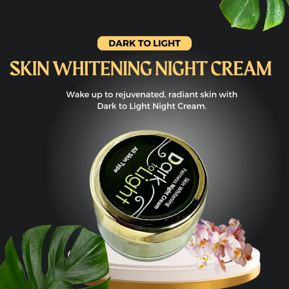 Skin whitening night cream jar with gold lid on a dark background, surrounded by leaves and flowers.