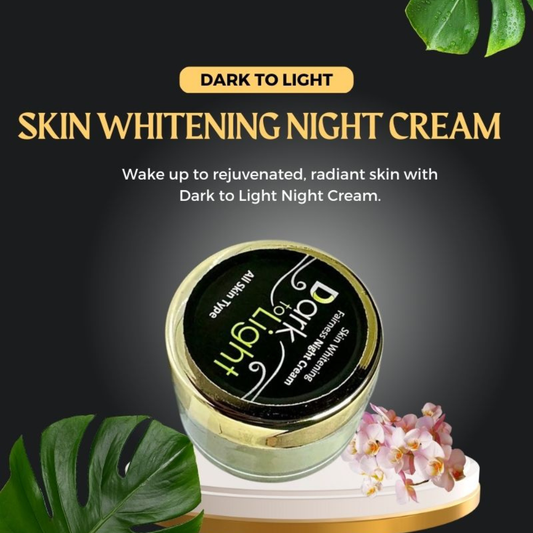 Skin whitening night cream jar with gold lid on a dark background, surrounded by leaves and flowers.