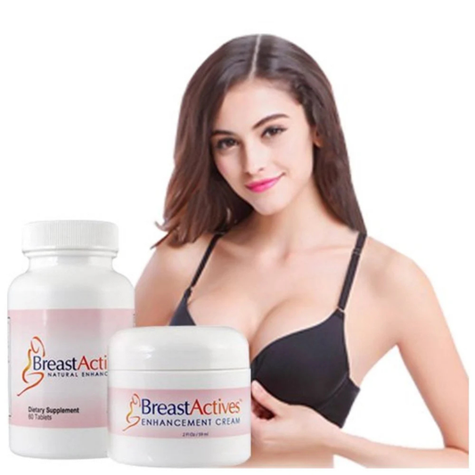Woman in a black bra holding 'BreastActives' cream and supplement on a white background